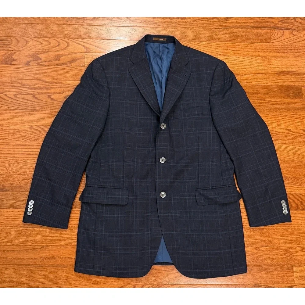 Peter Millar Sport Coat Mens 40R Wool Navy Blue Plaid Blazer Jacket 3 Button